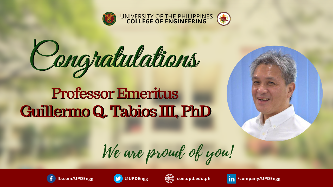 Guillermo O. Tabios III, PhD is the newest Professor Emeritus of the UP College of Engineering