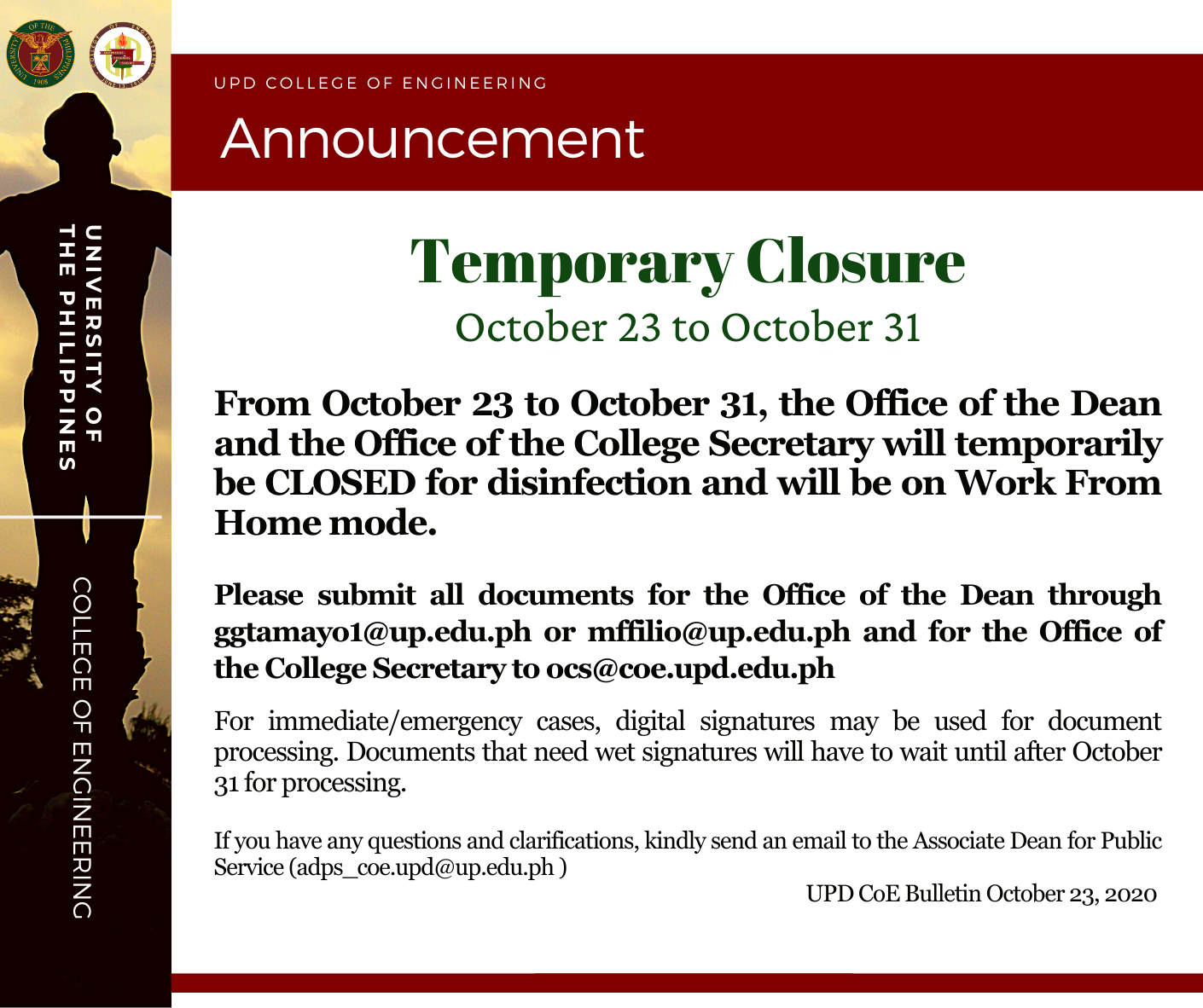Temporary Closure of the Dean’s Office and the Office of the College Secretary from Oct. 23 to 31