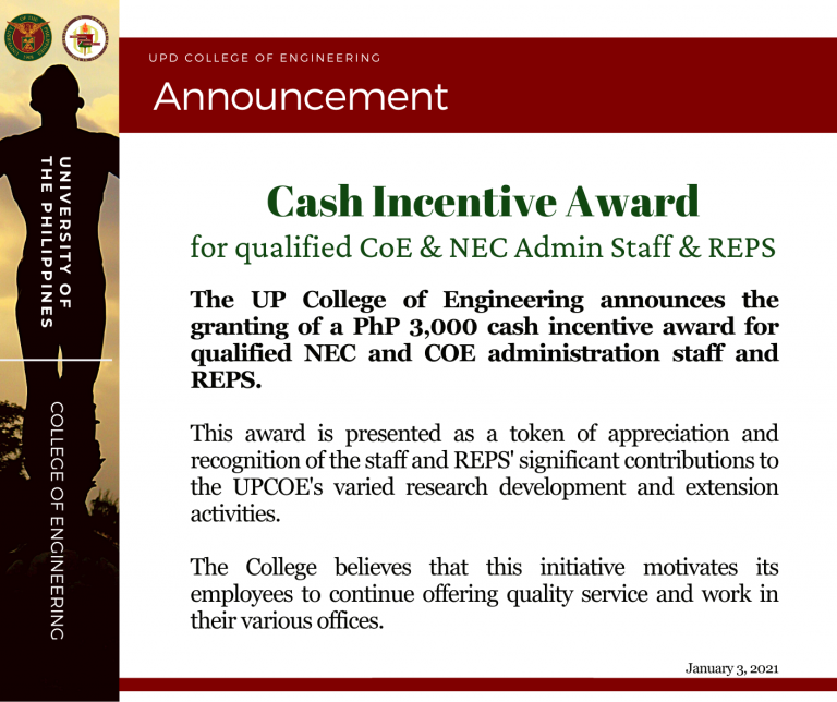 [Announcement] Cash Incentive Award for qualified CoE & NEC Admin Staff & REPS UPD College of