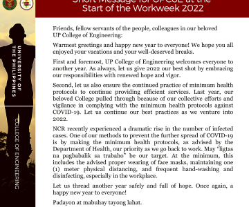 Short Message for UPCoE at the Start of the Workweek 2022