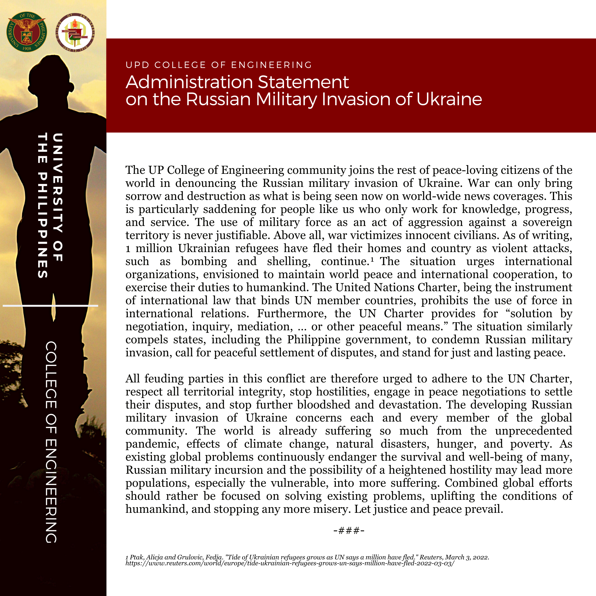 UPD College of Engineering Administration Statement on the Russian Military Invasion of Ukraine