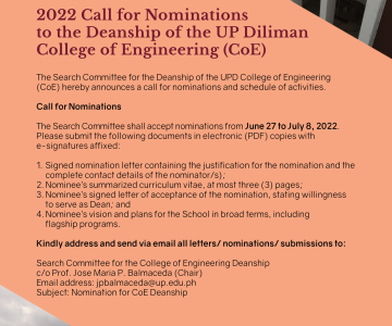Call for Nominations – Deanship of UP Diliman College of Engineering