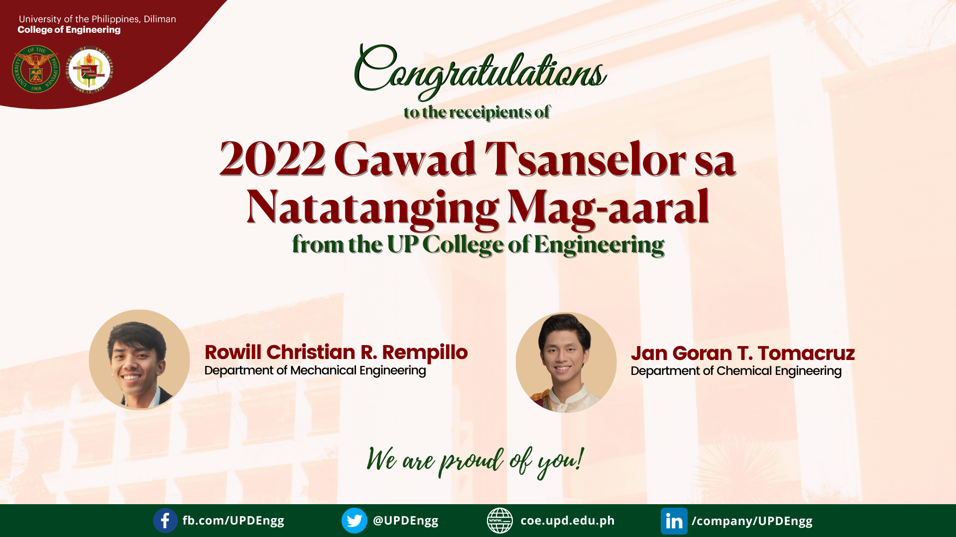 2022 UP Diliman Gawad Tsanselor Awardees From The UP College Of Engineering