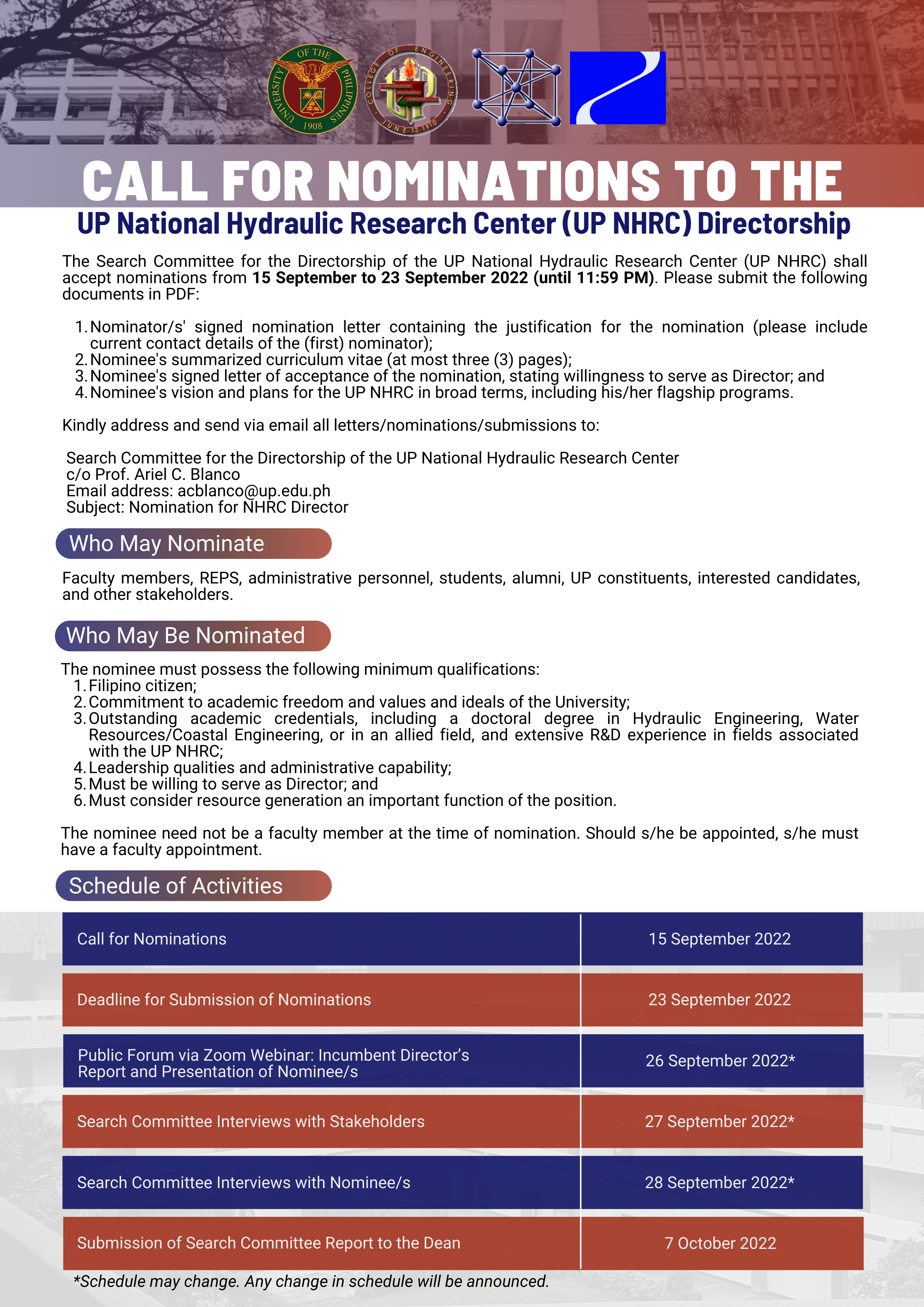 Call for Nominations – Directorship of the UP National Hydraulic Research Center