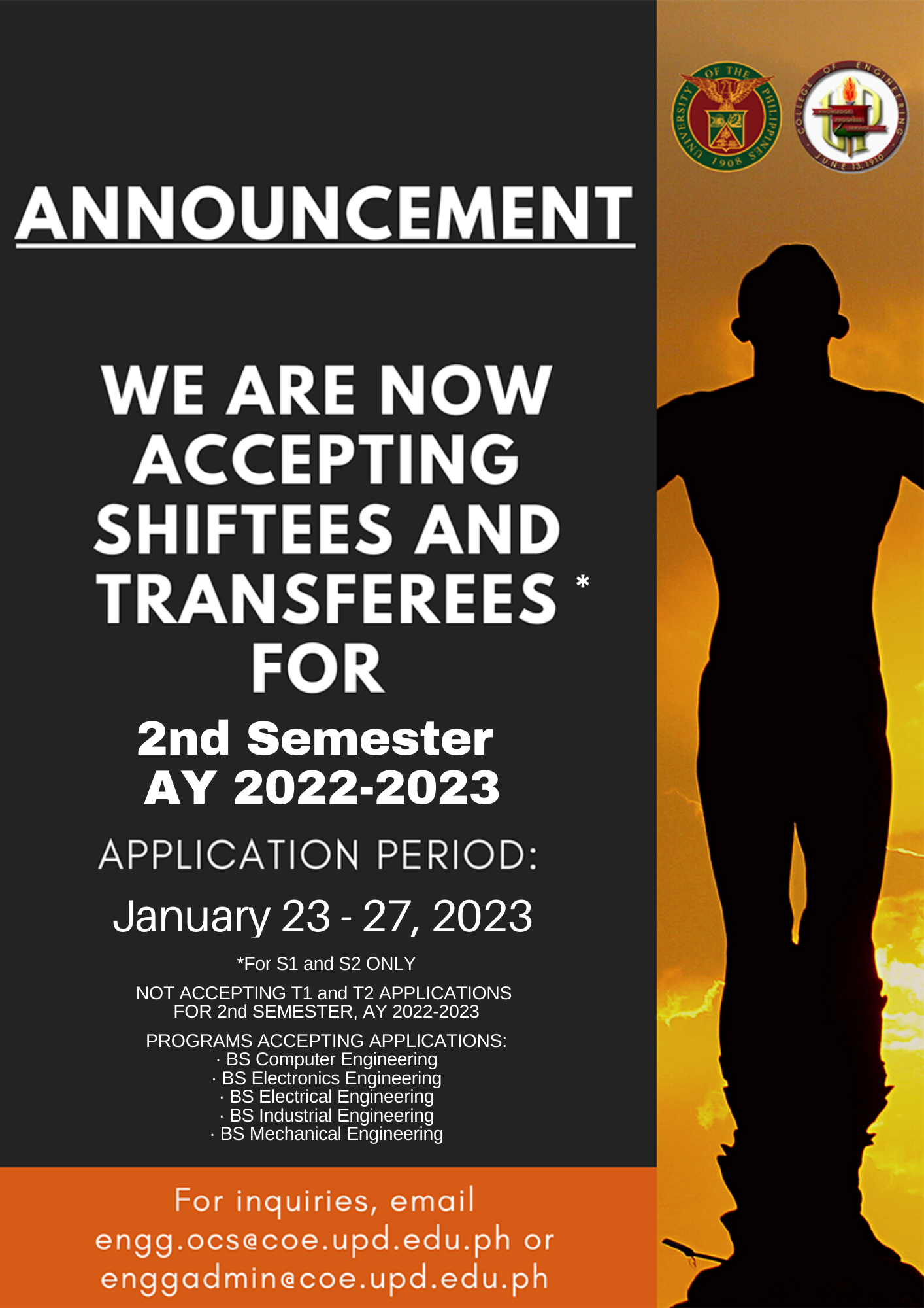 UPD CoE now accpeting Shifting Applications for 2nd Sem 2022-2023