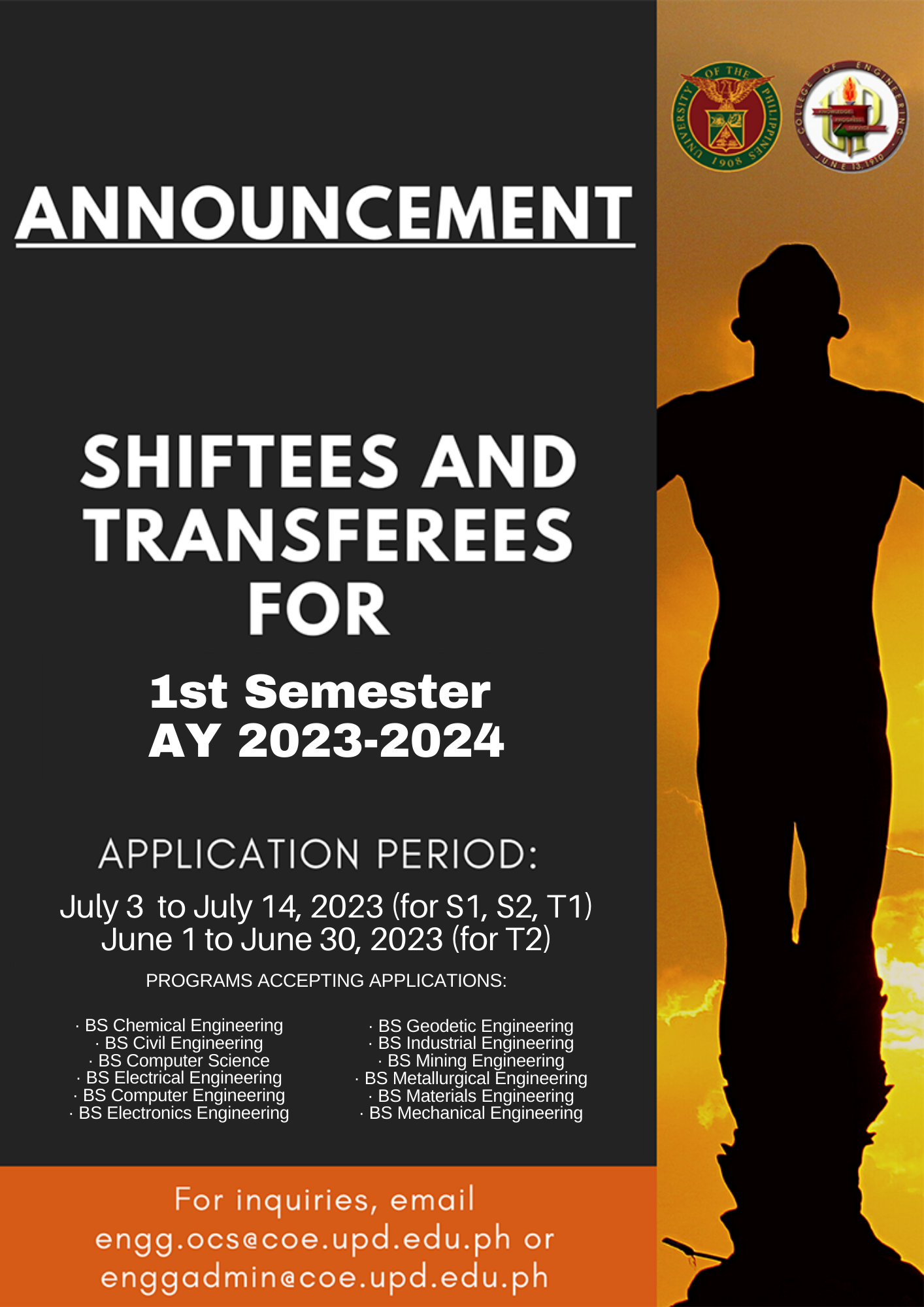 UPD CoE Shifting/Transfer Information for 1st Sem AY 2023-2024