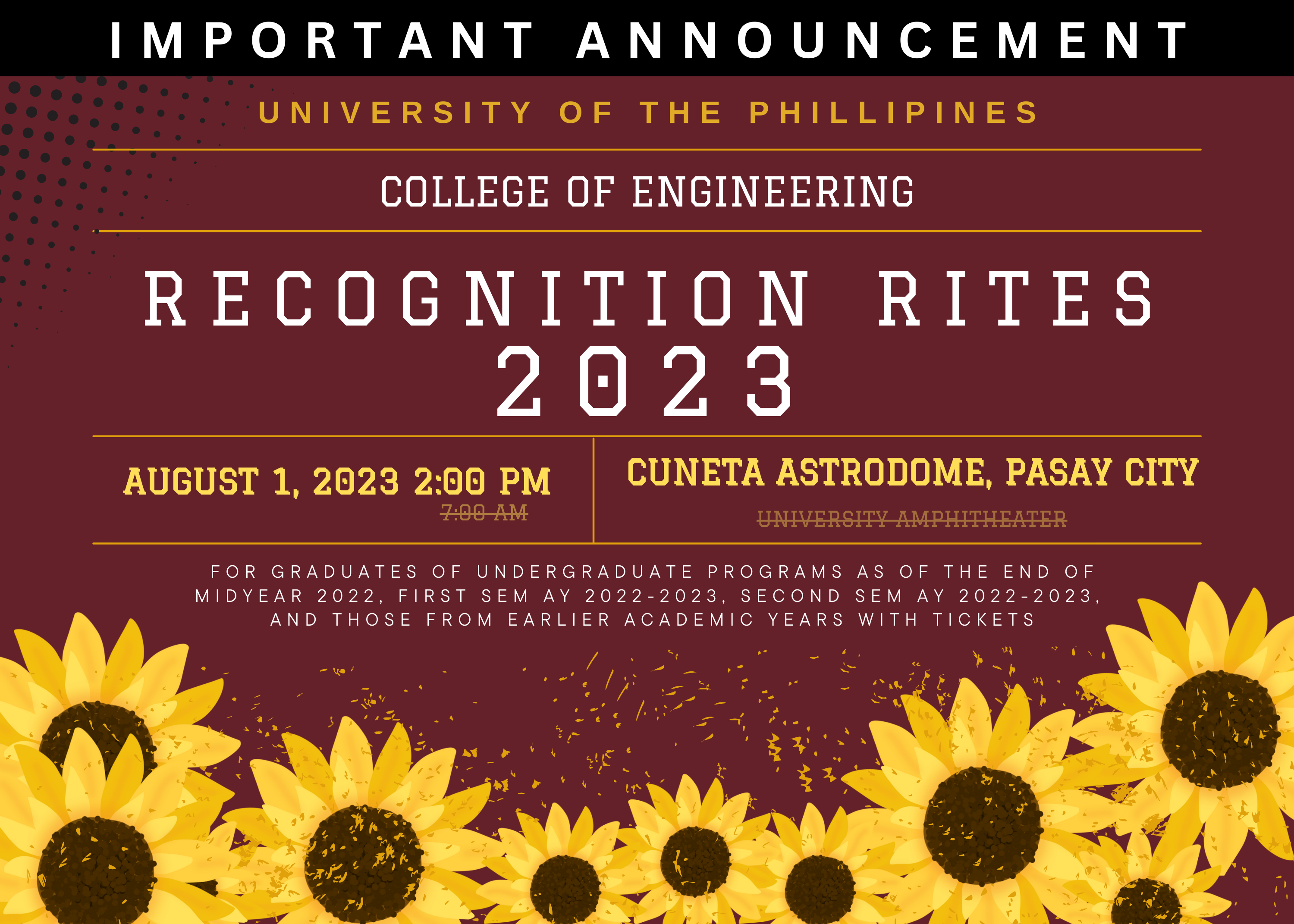 UPDATED VENUE & TIME of the UP Diliman College of Engineering Recognition Rites 2023