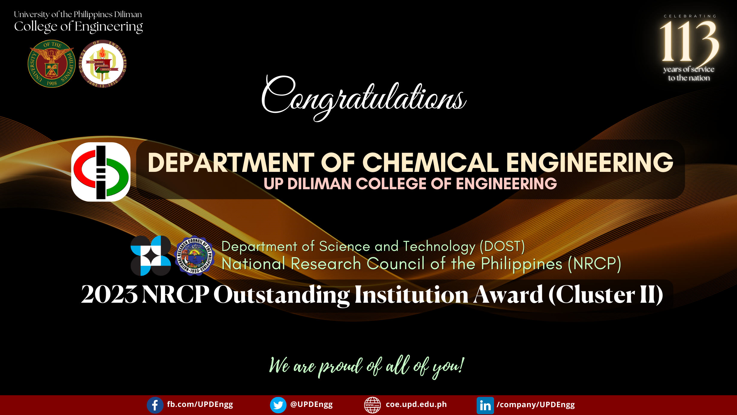 UPD COE Congratulates the Department of Chemical Engineering for Prestigious NRCP Outstanding Institution Award