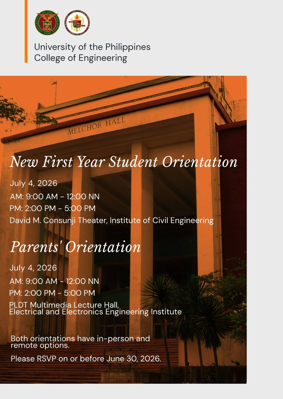 UP College of Engineering New First Year Student and Parents’ Orientation